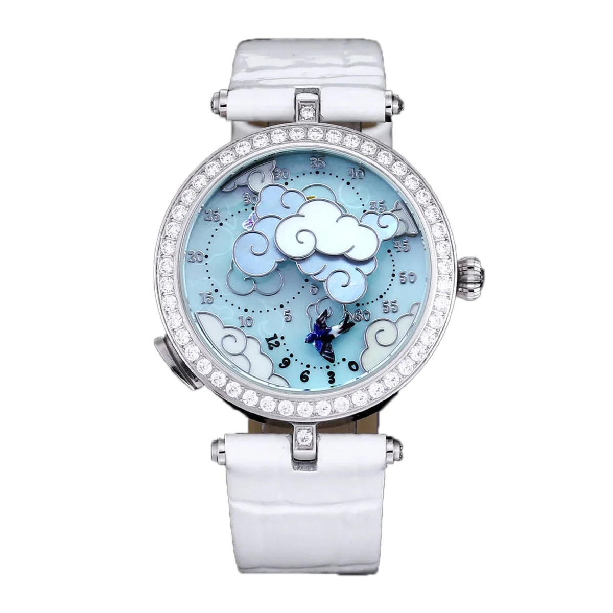 Lady Arpels Ronde des Papillons Watch in White Gold on Leather Strap