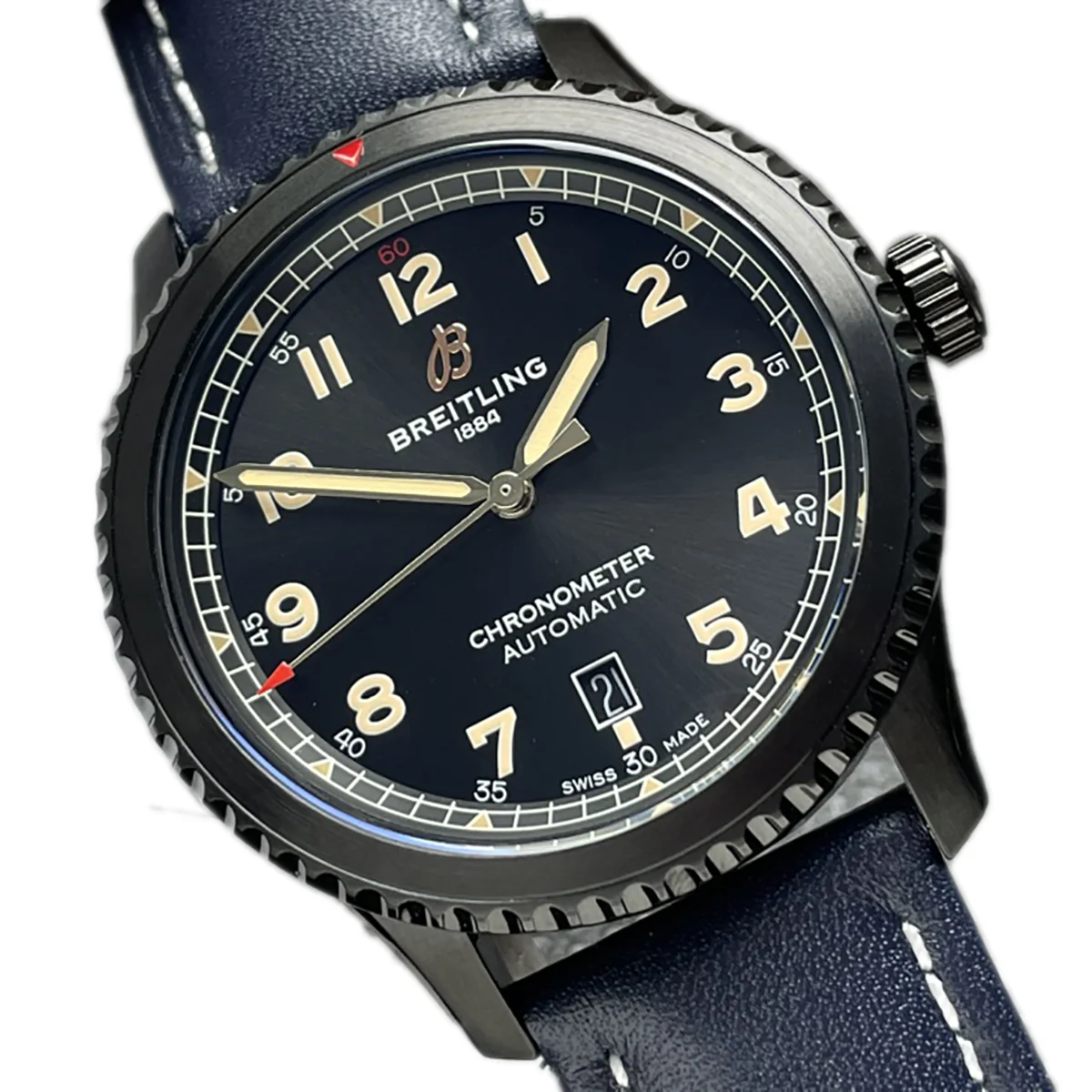 Navitimer Aviator 8 Automatic 41 Black Dial in PVD on Blue Leather Strap