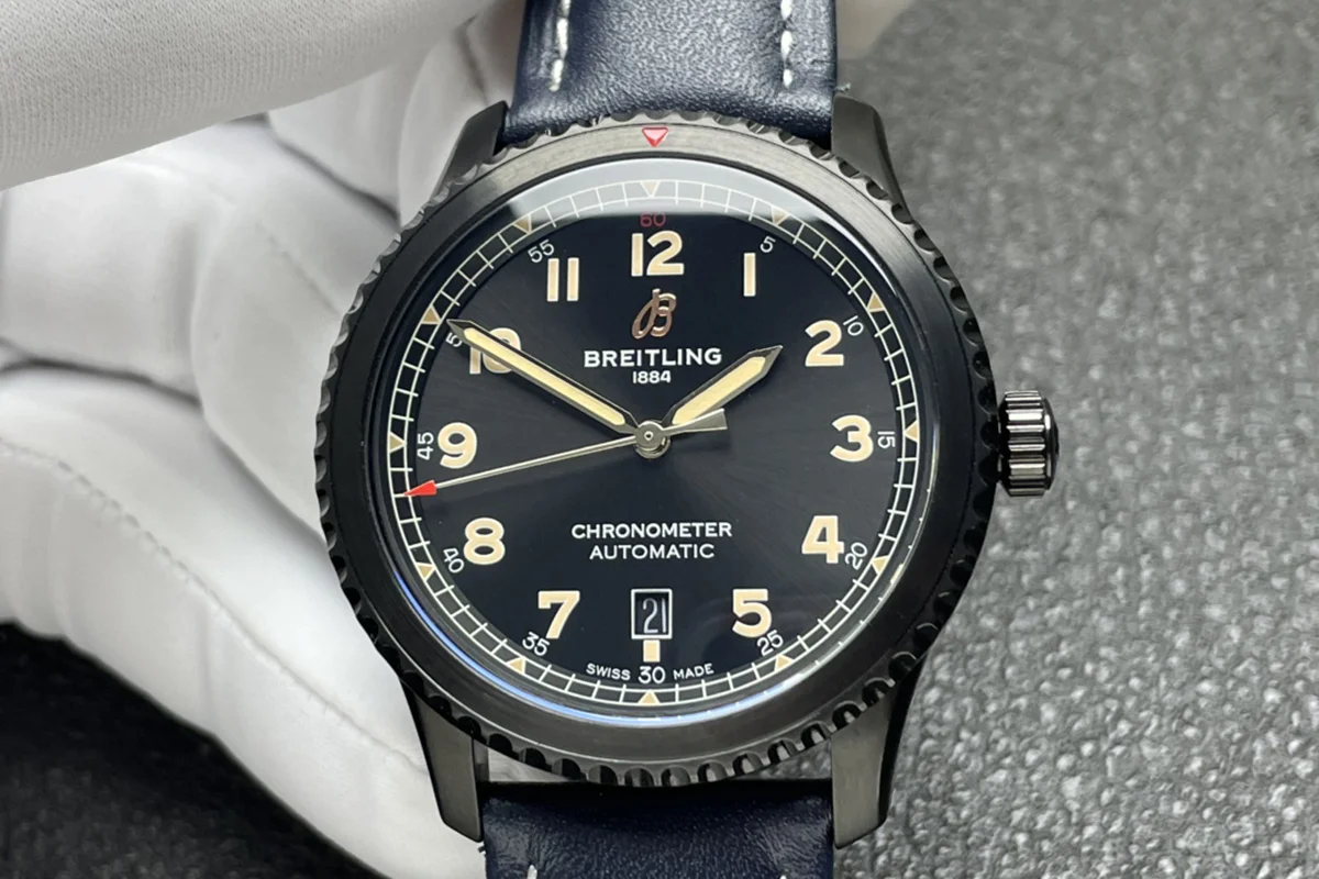 Navitimer Aviator 8 Automatic 41 Black Dial in PVD on Blue Leather Strap