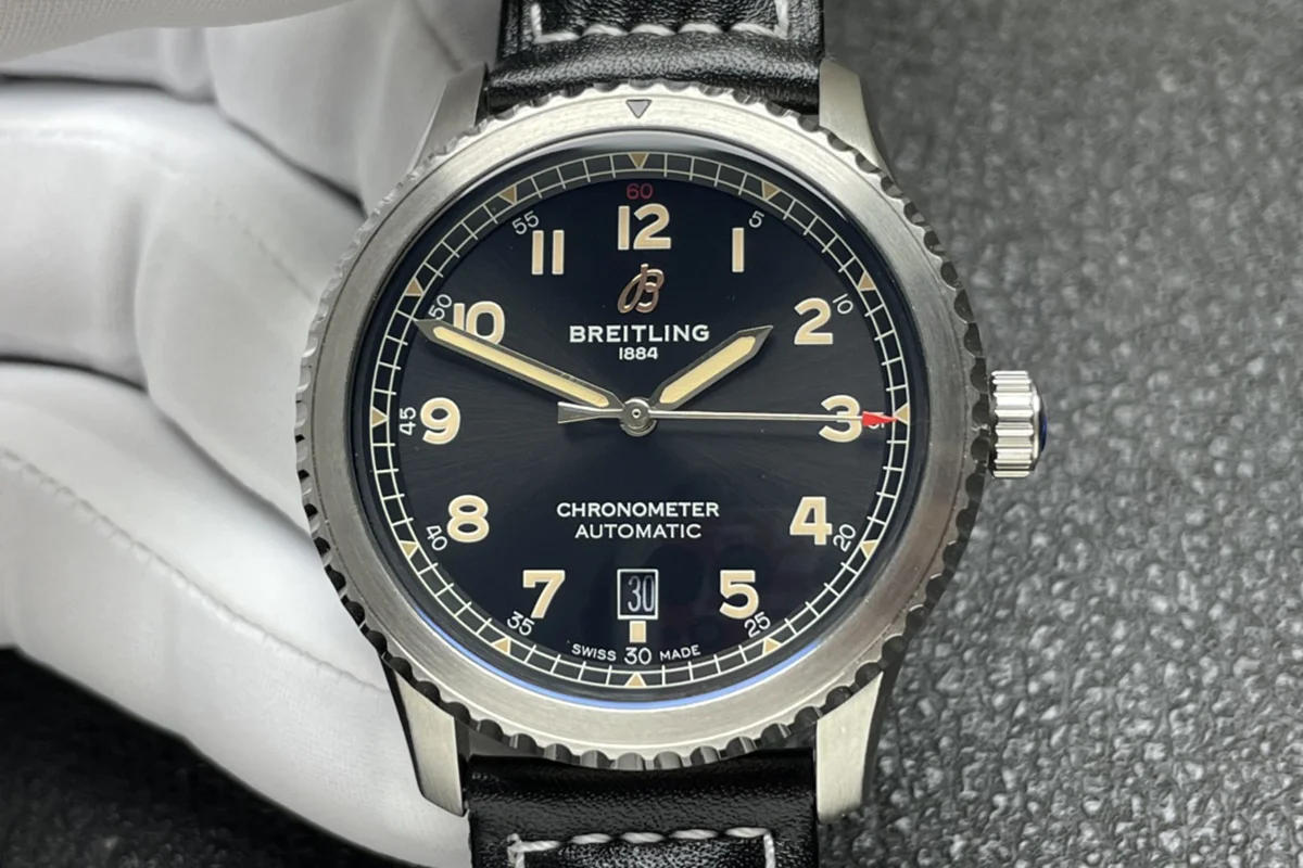 Navitimer Aviator 8 Automatic 41 Black Dial in Steel on Black Leather Strap