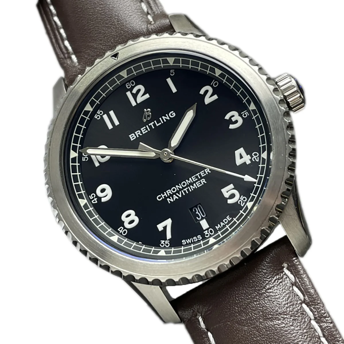 Navitimer Aviator 8 Automatic 41 Black Dial in Steel on Brown Leather Strap