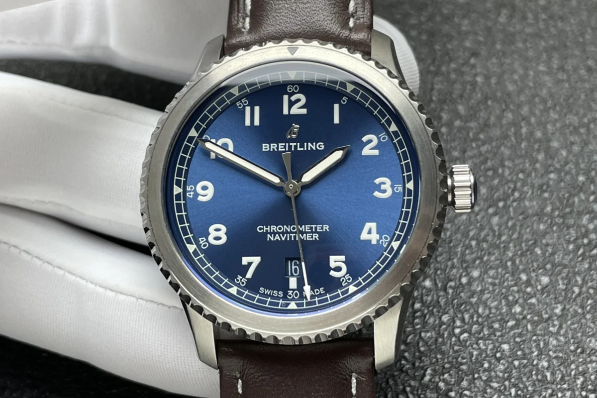 Navitimer Aviator 8 Automatic 41 Blue Dial in Steel on Brown Leather Strap