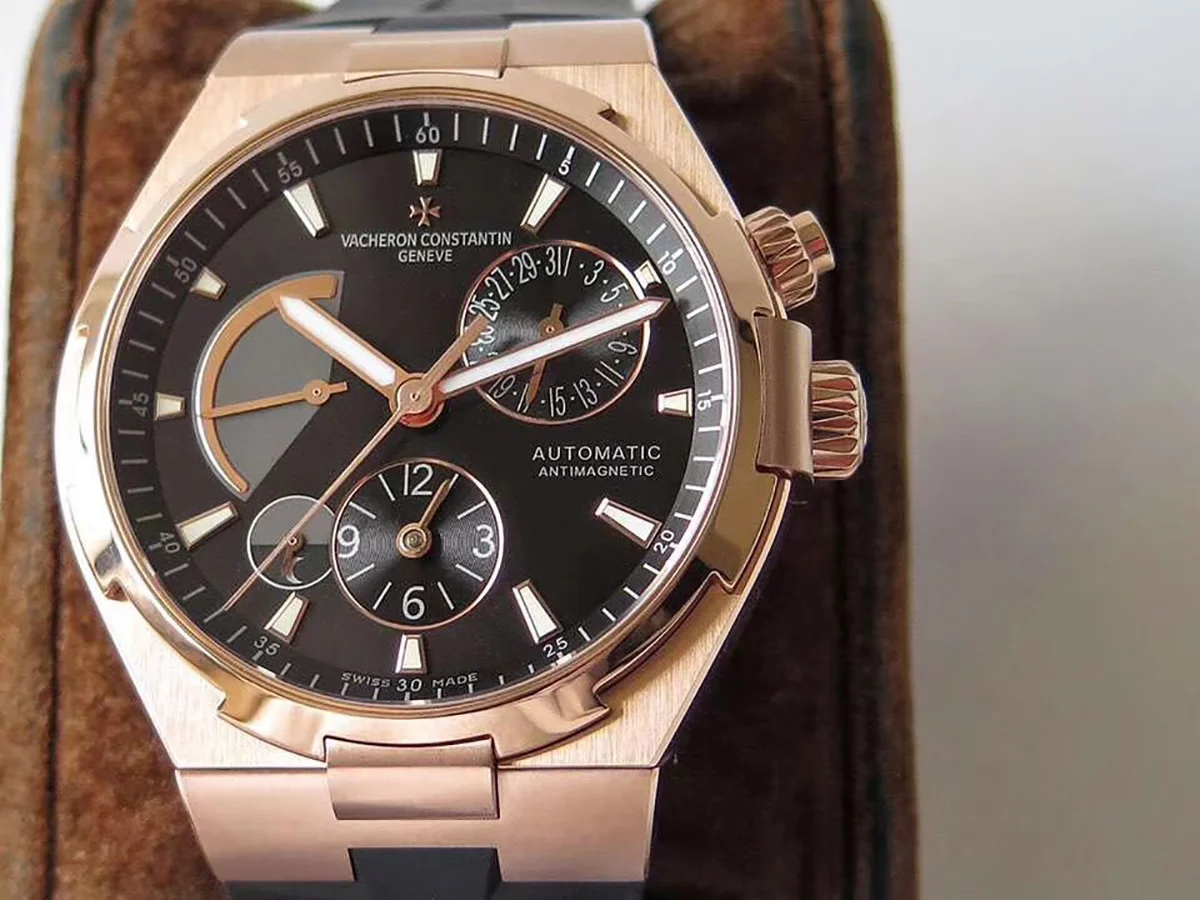 Overseas Dual Time Black Dial in Rose Gold on Rubber Strap