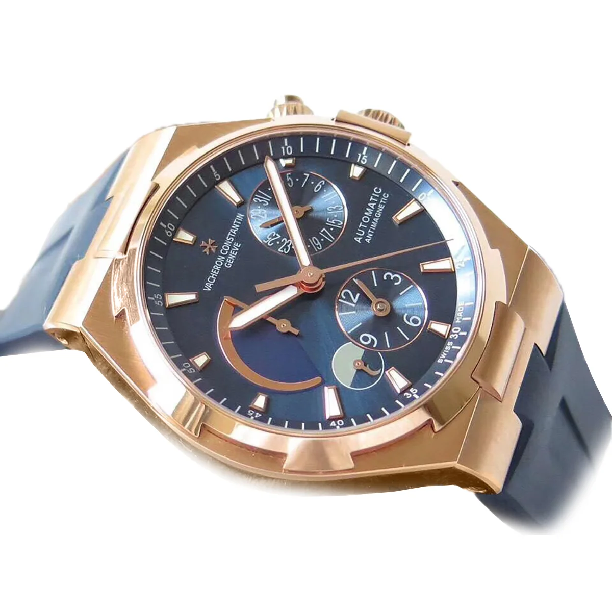 Overseas Dual Time Blue Dial in Rose Gold on Rubber Strap