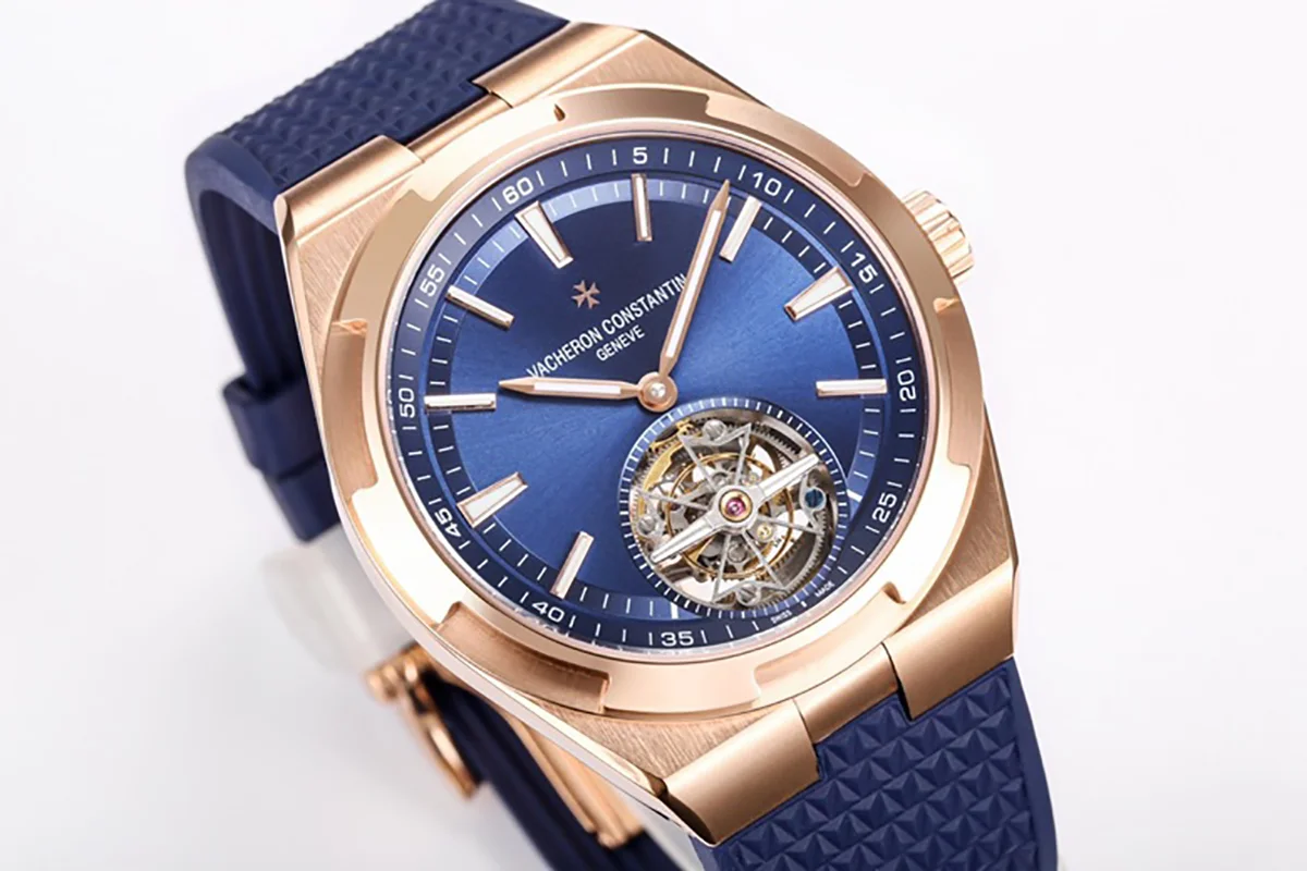 Overseas Tourbillion in Pink Gold on Blue Rubber Strap