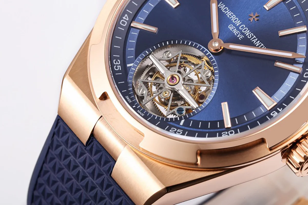 Overseas Tourbillion in Pink Gold on Blue Rubber Strap