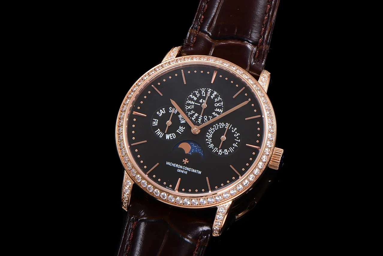 Patrimony Perpetual Calendar Ultra-Thin Black Dial in Pink Gold with Diamond Bezel