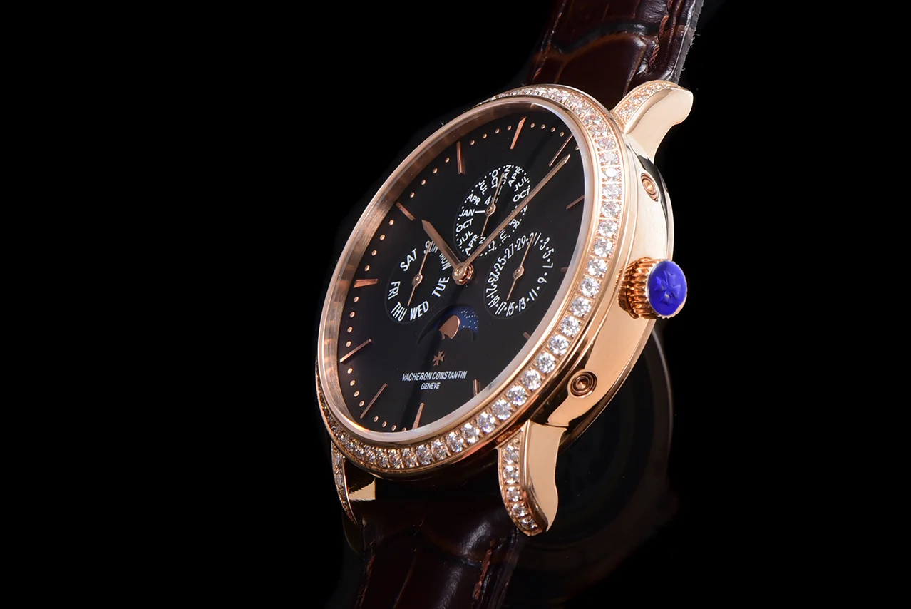 Patrimony Perpetual Calendar Ultra-Thin Black Dial in Pink Gold with Diamond Bezel