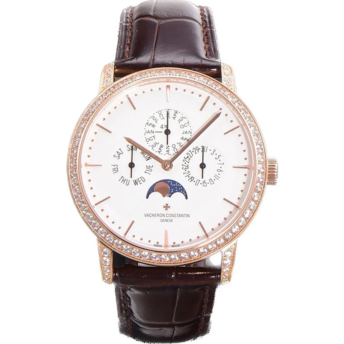 Patrimony Perpetual Calendar Ultra-Thin White Dial in Pink Gold with Diamond Bezel