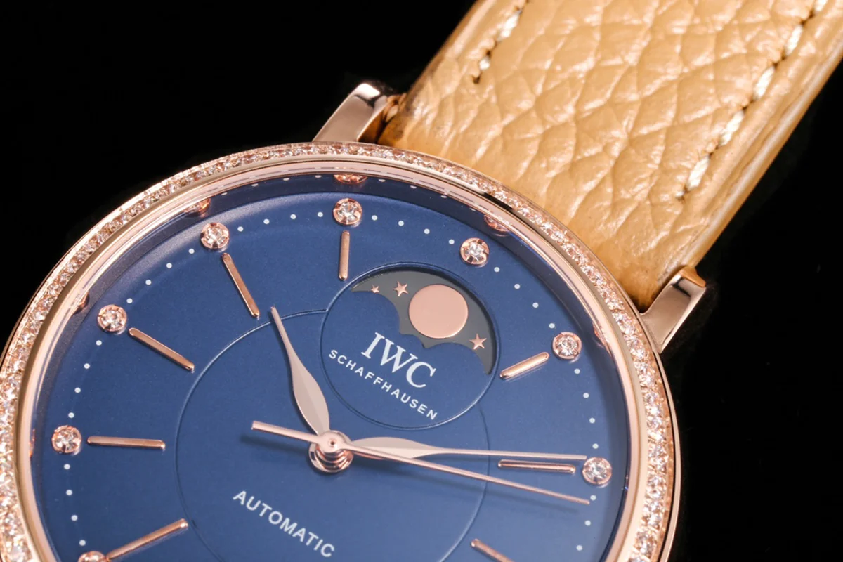 Portofino IW6596 Automatic Moon Phase 37 Blue Dial in Rose Gold on Brown Leather Strap