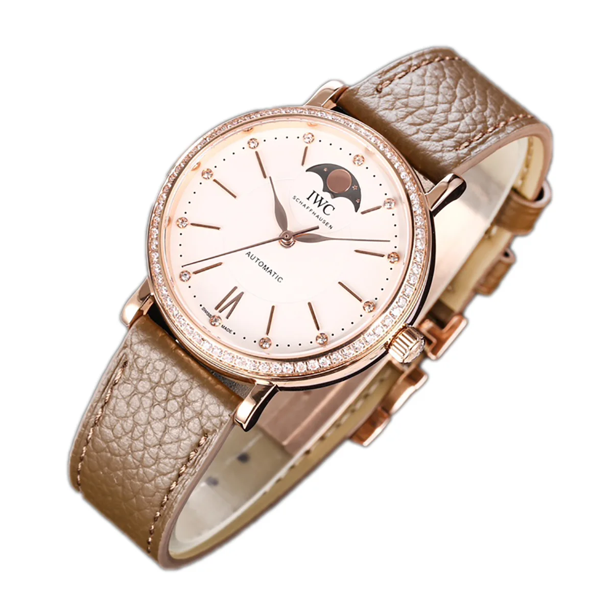 Portofino IW6596 Automatic Moon Phase 37 White Dial in Rose Gold on Brown Leather Strap