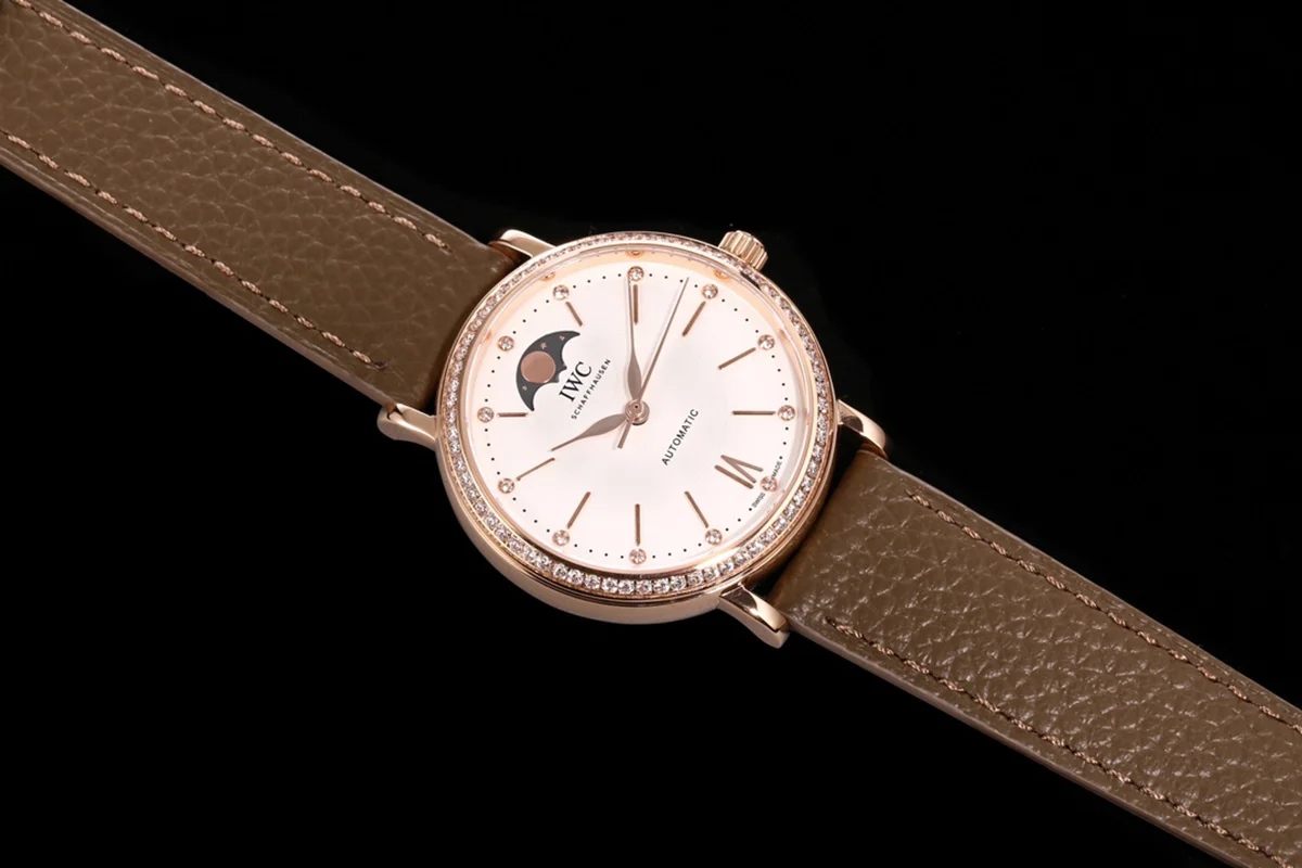 Portofino IW6596 Automatic Moon Phase 37 White Dial in Rose Gold on Brown Leather Strap