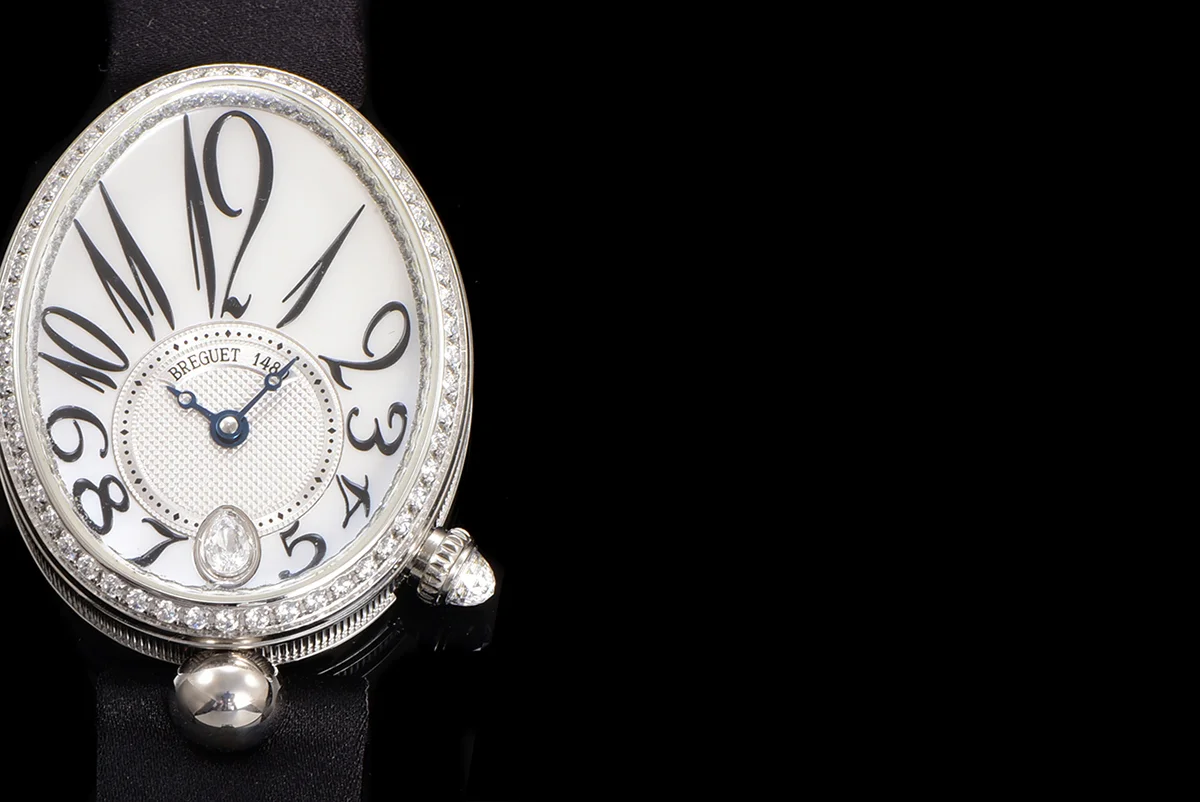 Reine de Naples in White Gold 8918BB on Black Leather Strap