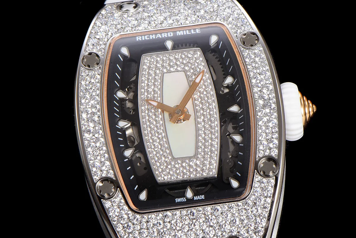 RM 007 Automatic Ladies with Diamond Bezel in Steel on White Rubber Strap