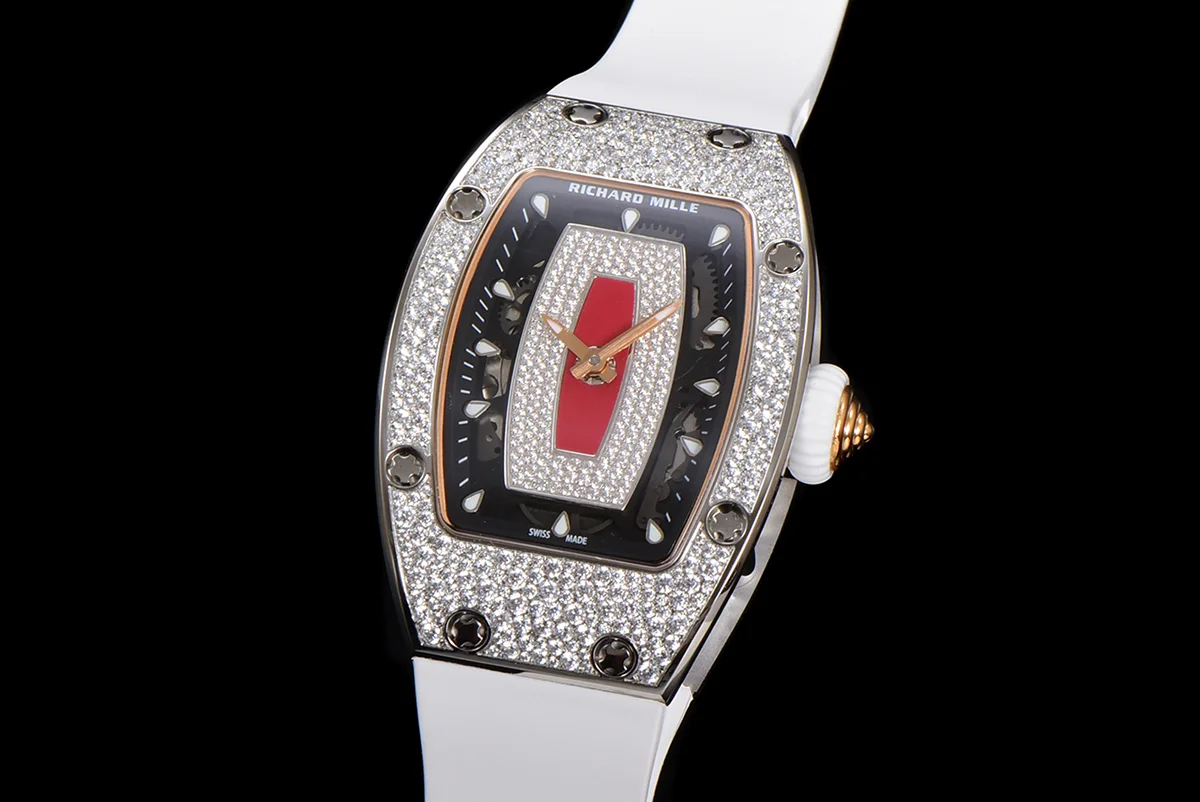 RM 007 Automatic Ladies with Diamond Bezel in Steel on White Rubber Strap