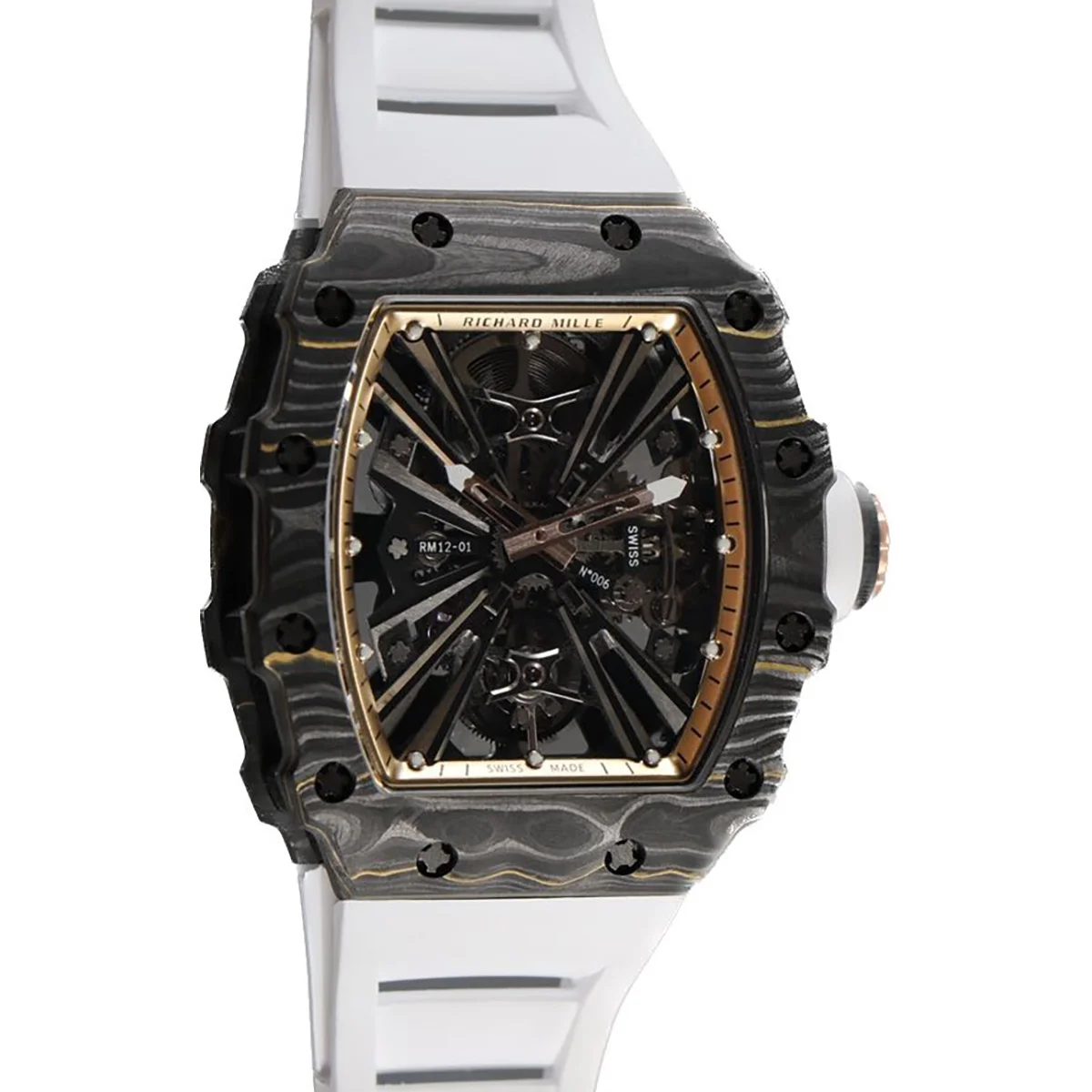 RM 012-01 Tourbillon NTPT Carbon on White Rubber Strap