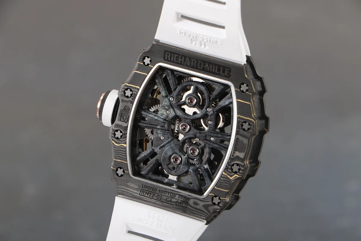 RM 012-01 Tourbillon NTPT Carbon on White Rubber Strap
