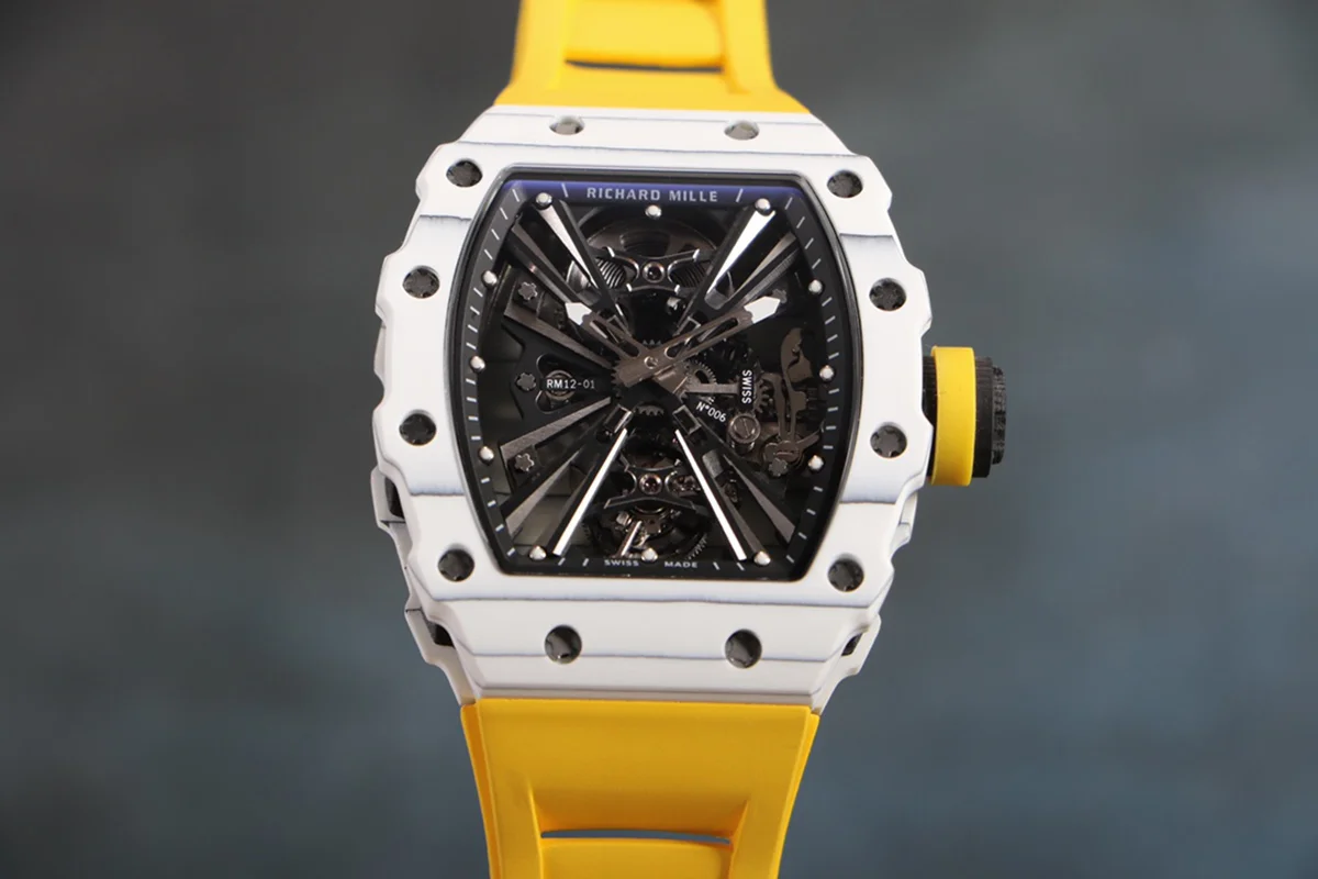 RM 012-01 Tourbillon White NTPT Carbon on Yellow Rubber Strap