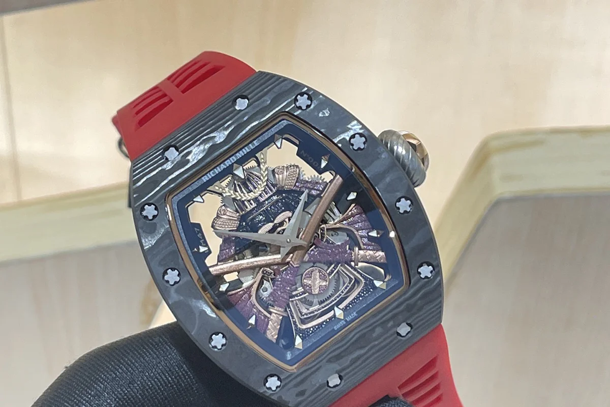 RM047 Tourbillon Samurai NTPT Carbon on Red Rubber Strap
