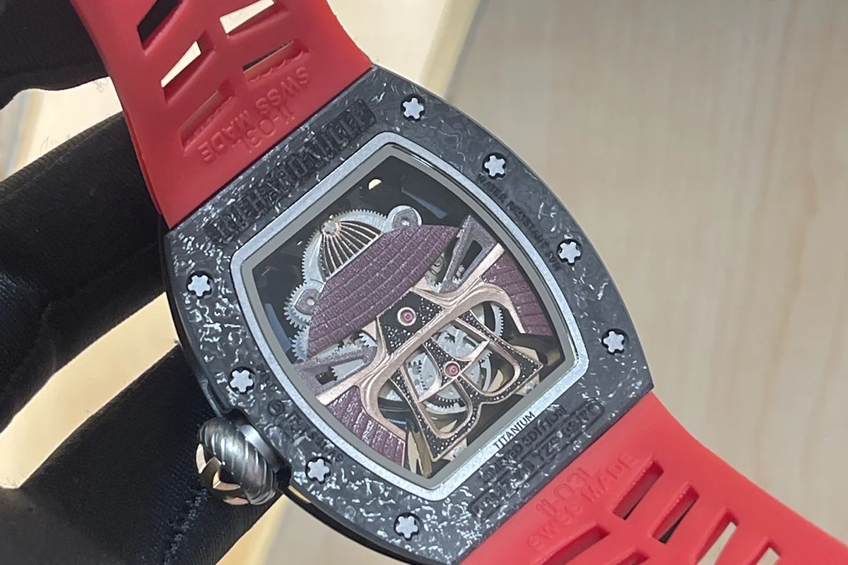 RM047 Tourbillon Samurai NTPT Carbon on Red Rubber Strap