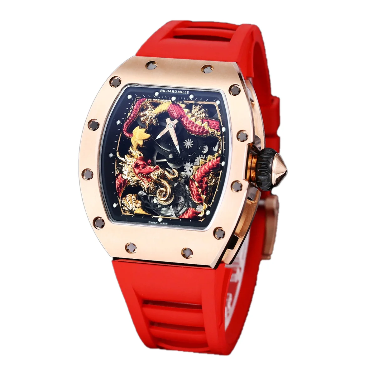 RM057 Tourbillon Dragon in Rose Gold in Red Rubber Strap