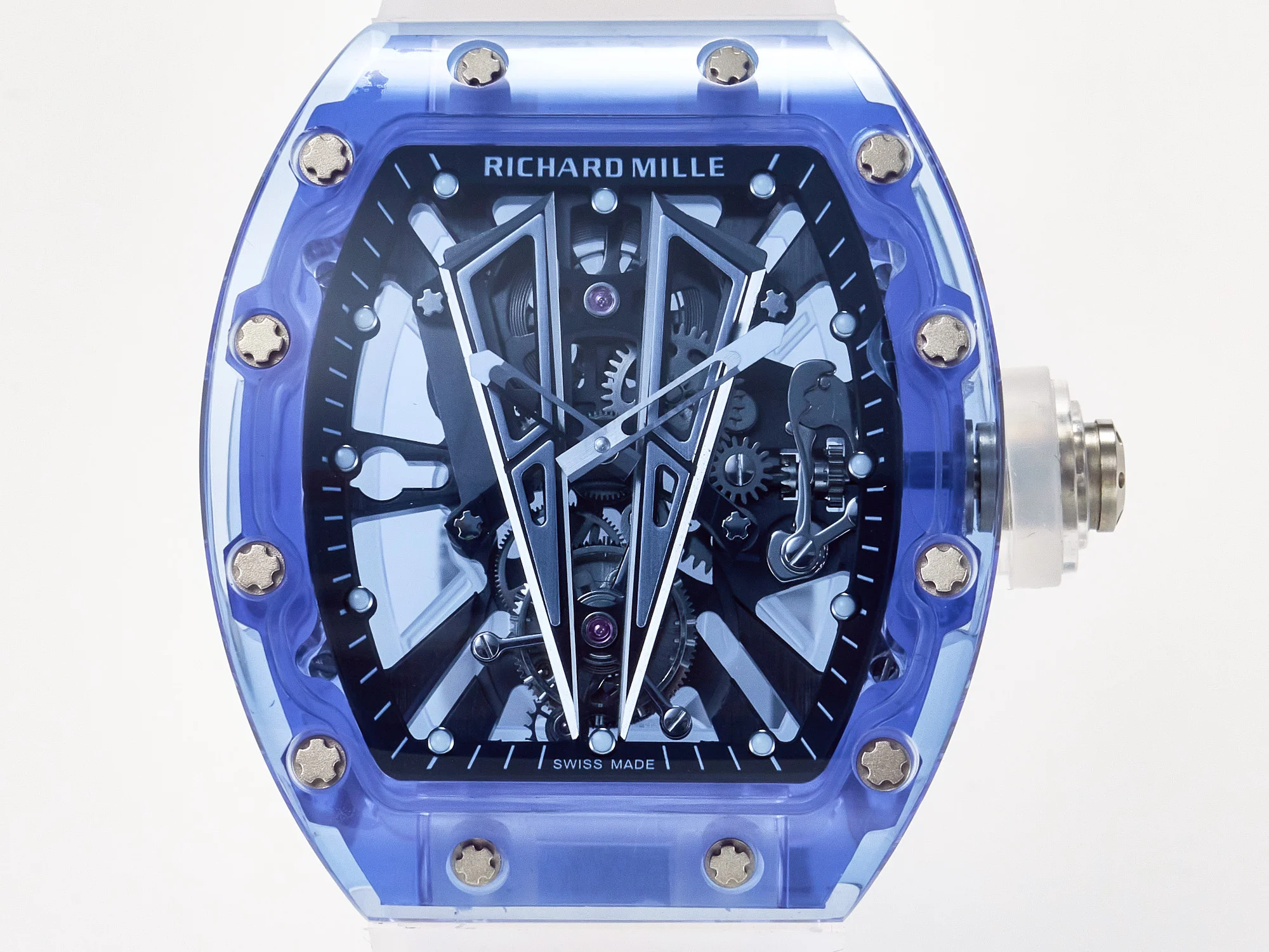 RM27-03 Blue Transparent Tourbillon MSF Best Edition Skull Dial on White Rubber Strap
