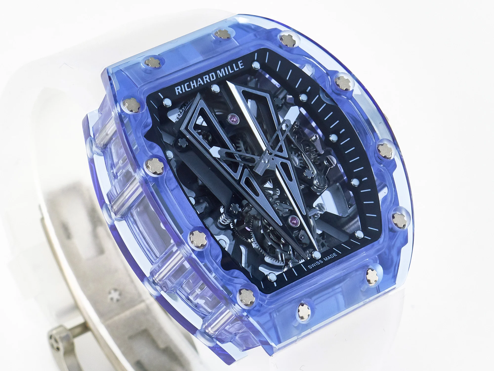 RM27-03 Blue Transparent Tourbillon MSF Best Edition Skull Dial on White Rubber Strap