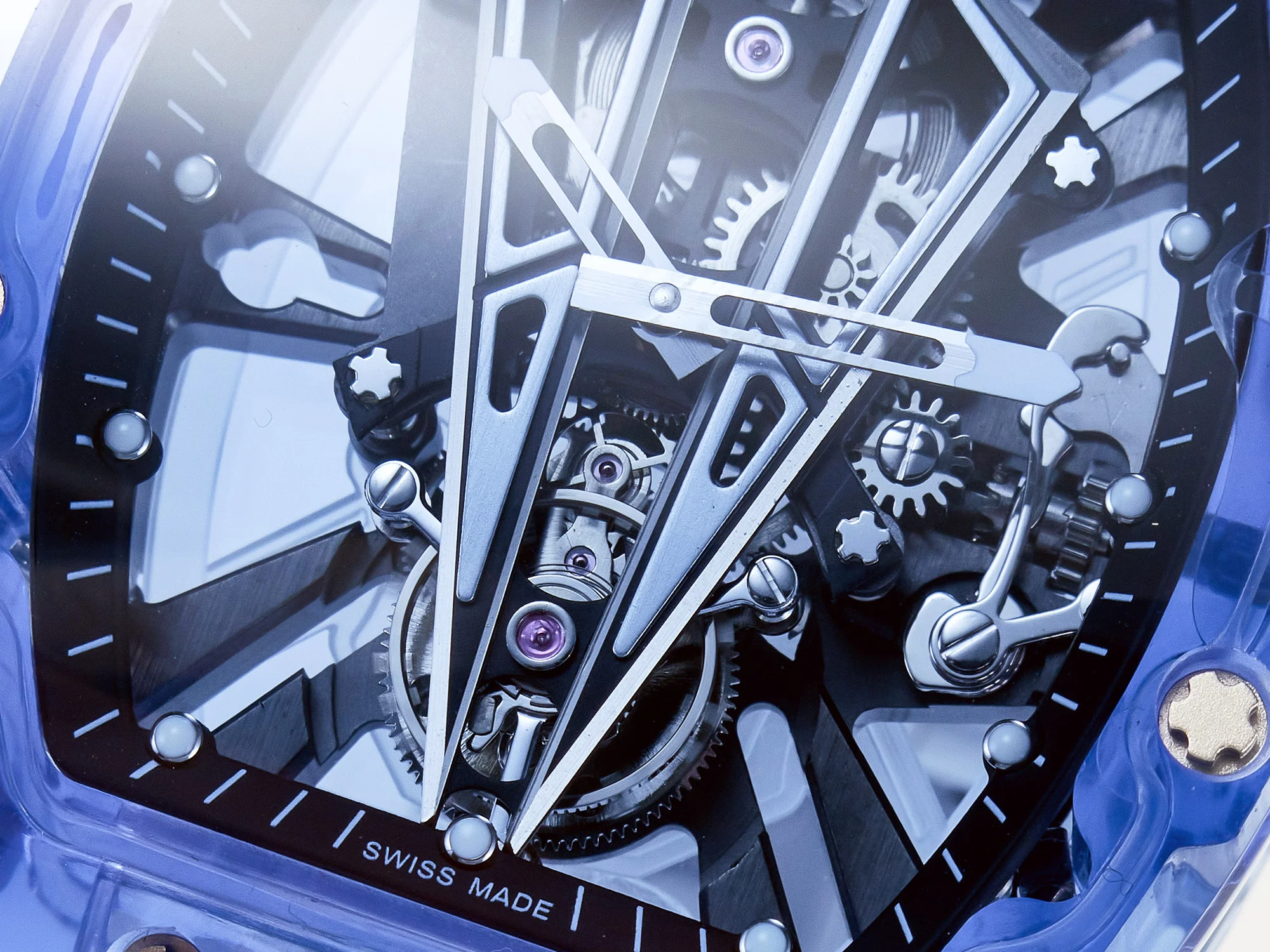 RM27-03 Blue Transparent Tourbillon MSF Best Edition Skull Dial on White Rubber Strap