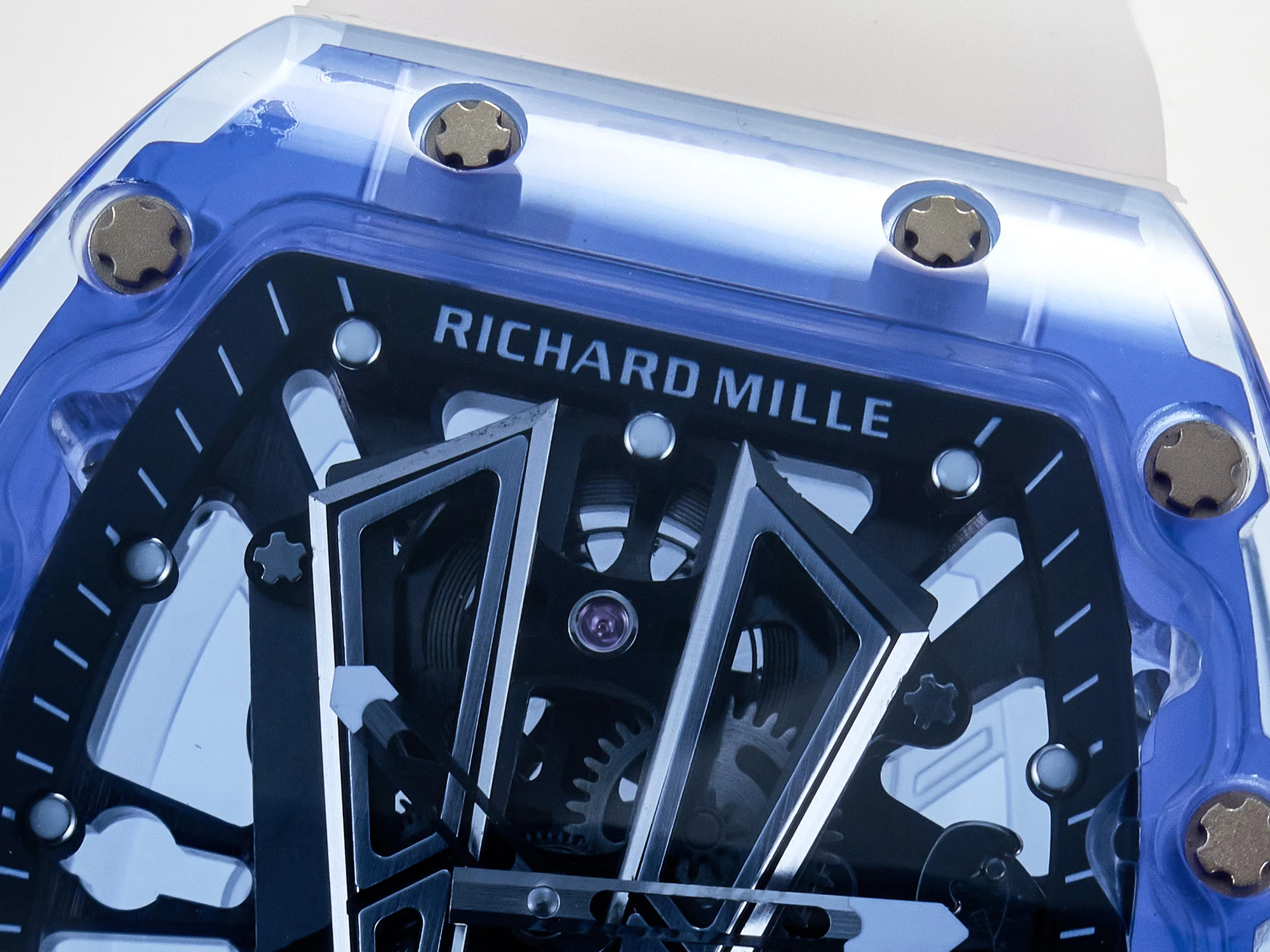 RM27-03 Blue Transparent Tourbillon MSF Best Edition Skull Dial on White Rubber Strap