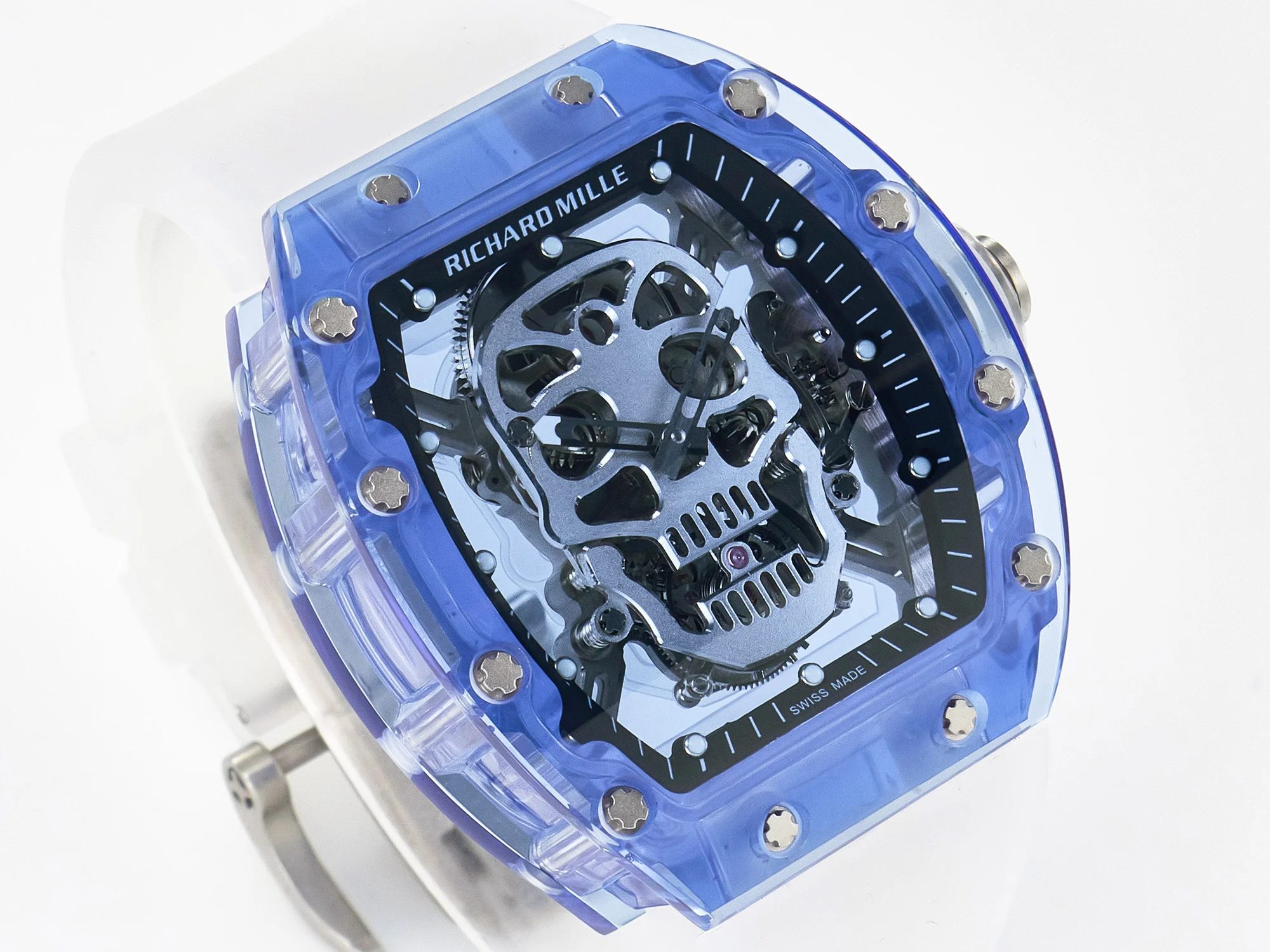 RM52-01 Blue Transparent Tourbillon MSF Best Edition Skull Dial on White Rubber Strap