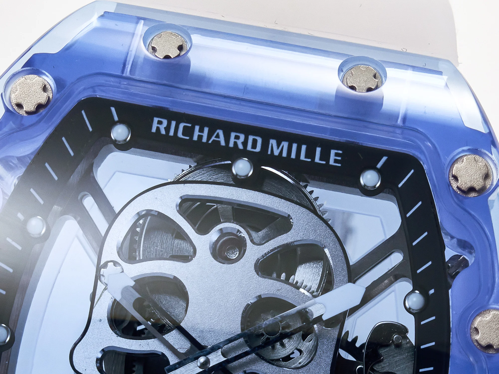 RM52-01 Blue Transparent Tourbillon MSF Best Edition Skull Dial on White Rubber Strap