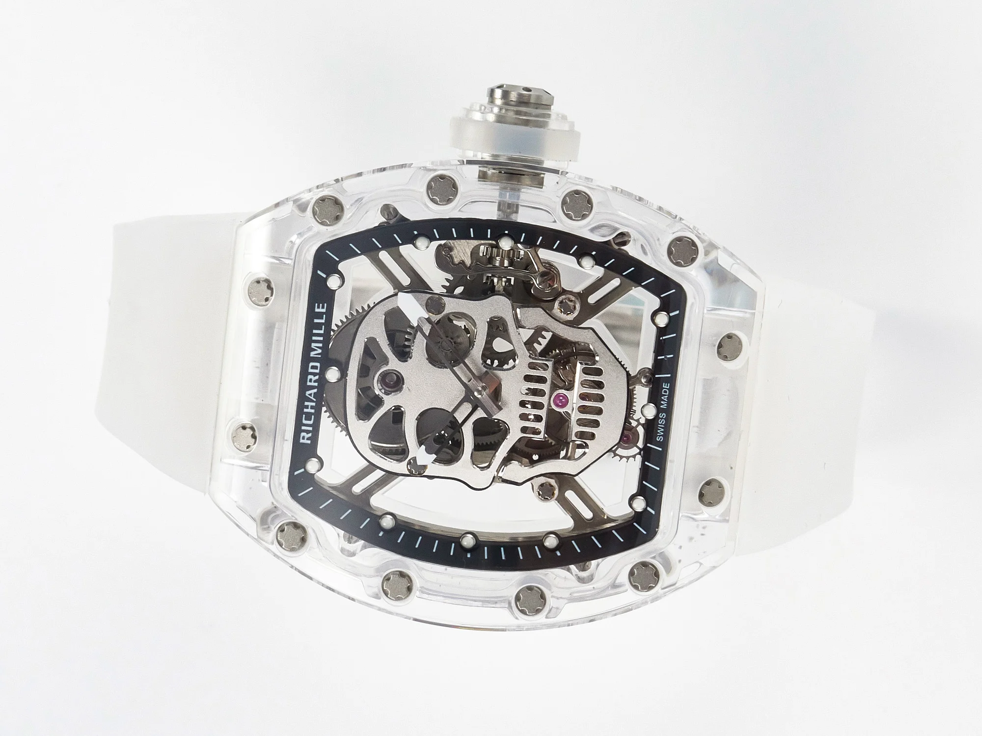 RM52-01 White Transparent Tourbillon MSF Best Edition Skull Dial on White Rubber Strap