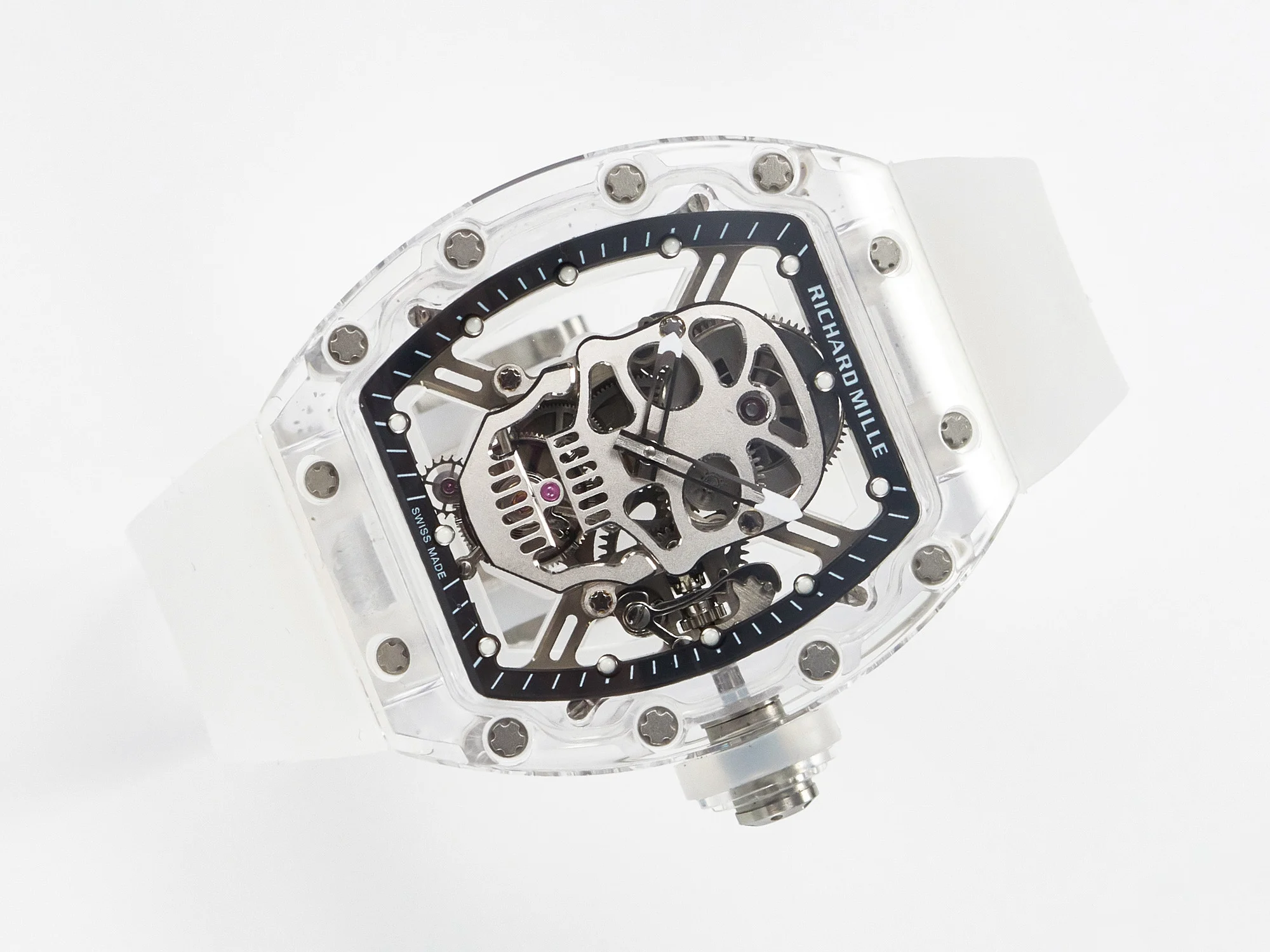 RM52-01 White Transparent Tourbillon MSF Best Edition Skull Dial on White Rubber Strap