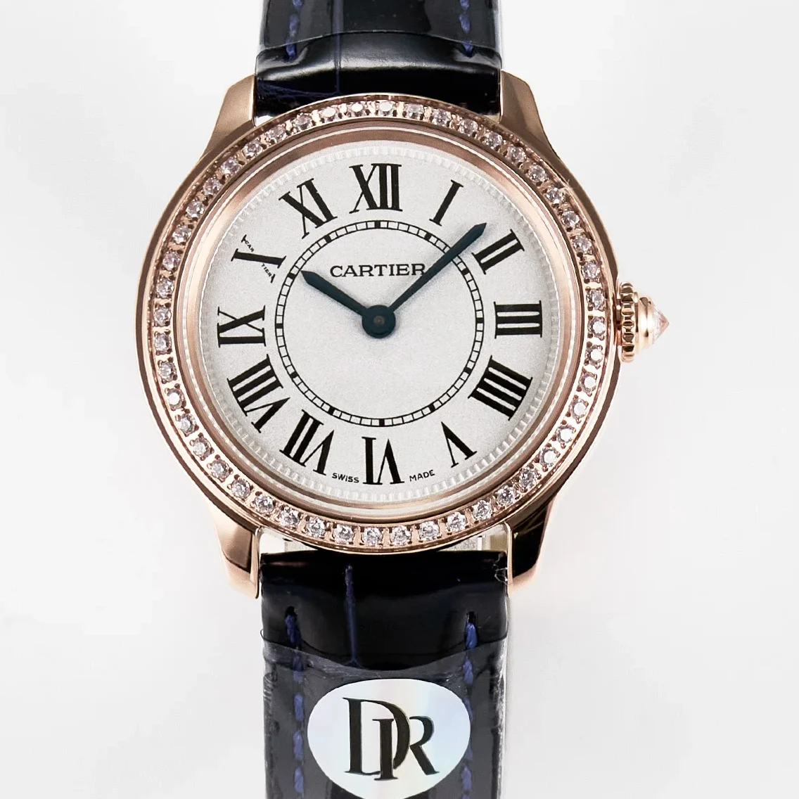 Ronde Louis Cartier 29mm RG DRF 1:1 Best Edition Sandblasted Beige Dial Diamonds Bezel on Blue Leather Strap Ronda Quartz