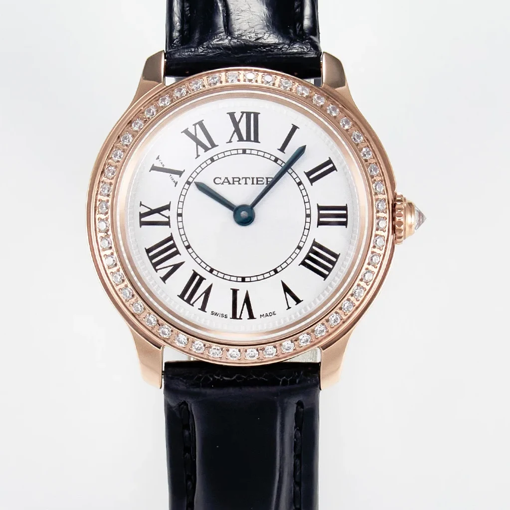 Ronde Louis Cartier 29mm RG DRF 1:1 Best Edition Sandblasted Beige Dial Diamonds Bezel on Black Leather Strap Ronda Quartz