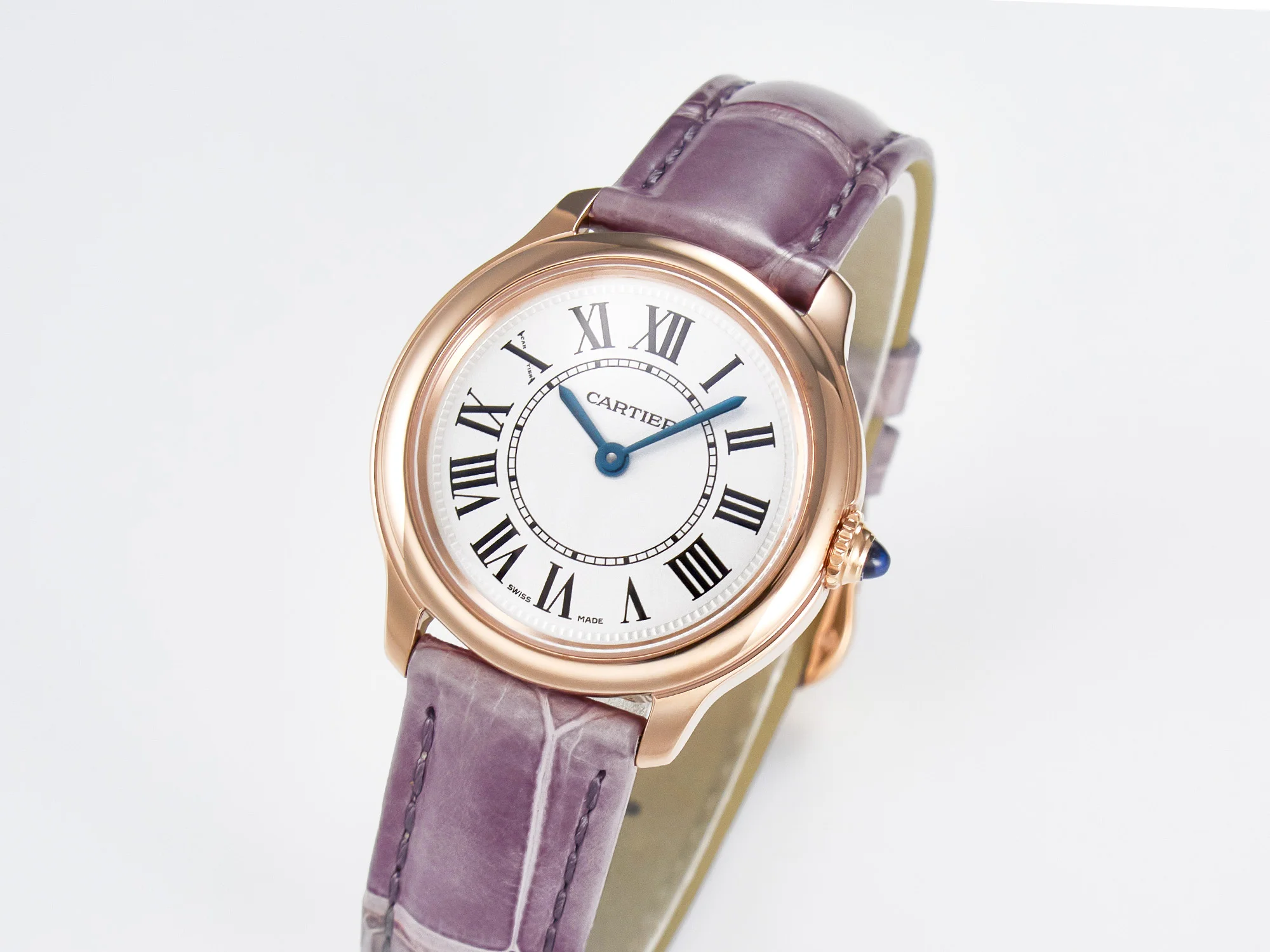Ronde Louis Cartier 29mm RG DRF 1:1 Best Edition Sandblasted Beige Dial on Purple Leather Strap Ronda Quartz