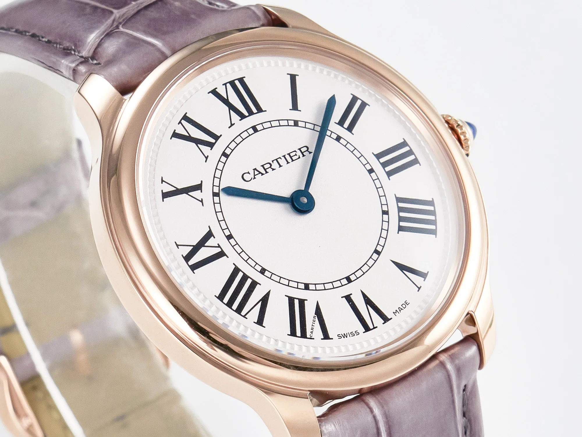 Ronde Louis Cartier 36mm RG DRF 1:1 Best Edition Sandblasted Beige Dial on Purple Leather Strap Ronda Quartz