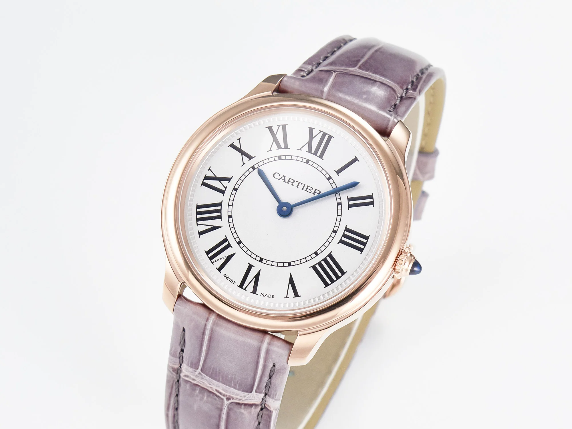 Ronde Louis Cartier 36mm RG DRF 1:1 Best Edition Sandblasted Beige Dial on Purple Leather Strap Ronda Quartz