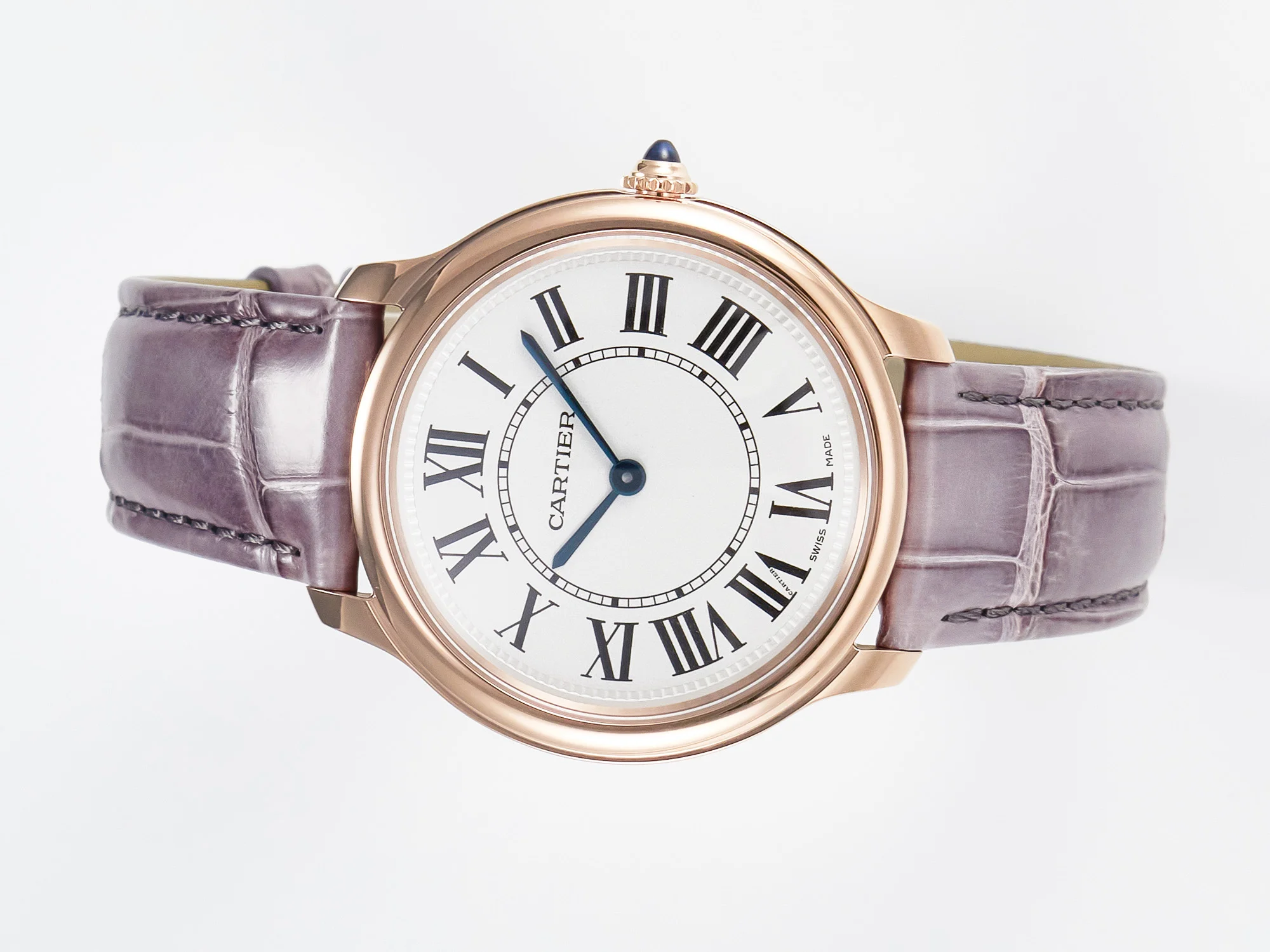 Ronde Louis Cartier 36mm RG DRF 1:1 Best Edition Sandblasted Beige Dial on Purple Leather Strap Ronda Quartz