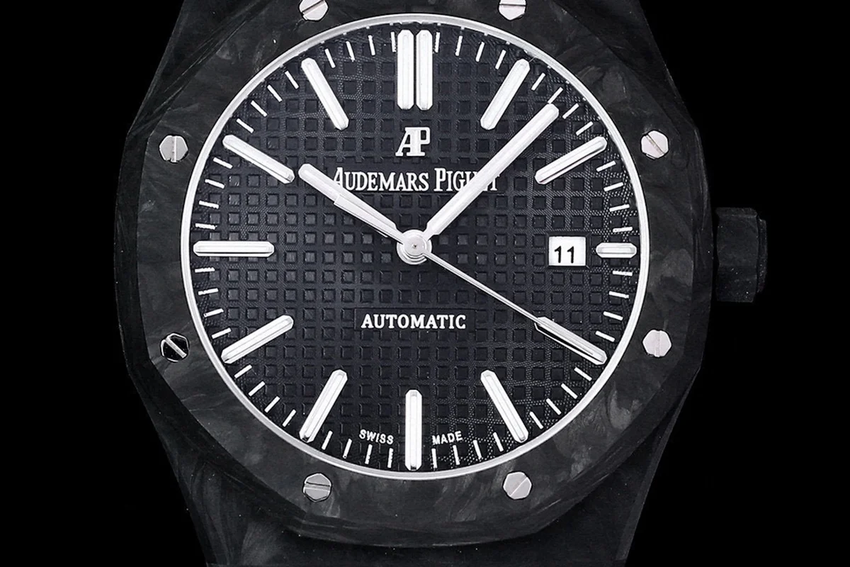 Royal Oak 15400 Black Dial in Carbon Fibre on White Nylon Strap