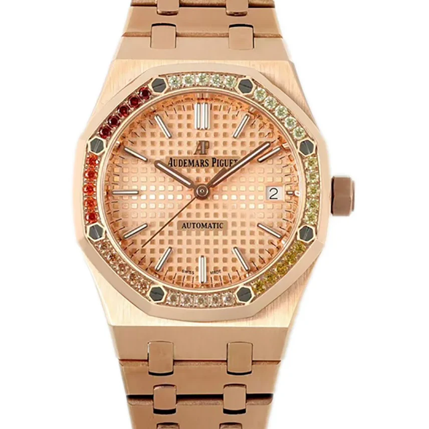 Royal Oak 15450ST 37mm Champagne Dial in Rose Gold with Rainbow Diamond Bezel