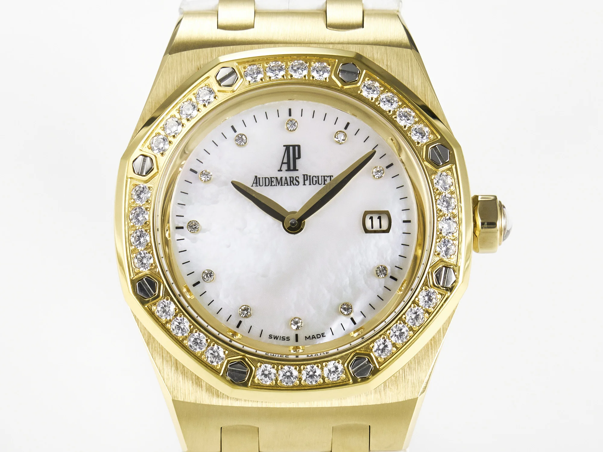 Royal Oak Ladies 33mm YG DRF Best Edition MOP Dial Diamonds Bezel on White Rubber Strap ETA Quartz