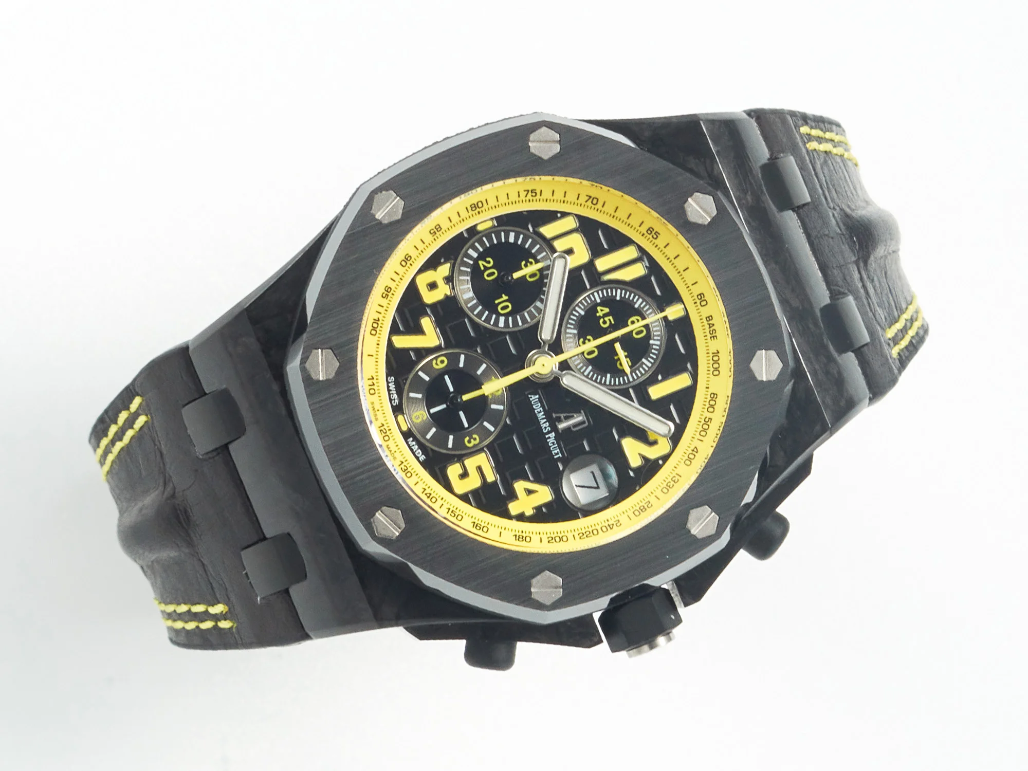 Royal Oak Offshore Bumble Bee Forged Carbon 1:1 JF Best Edition on Leather Strap A7750 w/ Cyclops & DW Mod