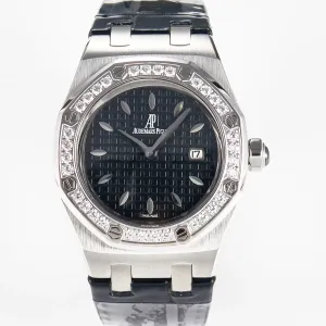Royal Oak Offshore Ladies 33mm SS DRF Best Edition Black Dial Diamonds Bezel on Black Leather Strap ETA Quartz