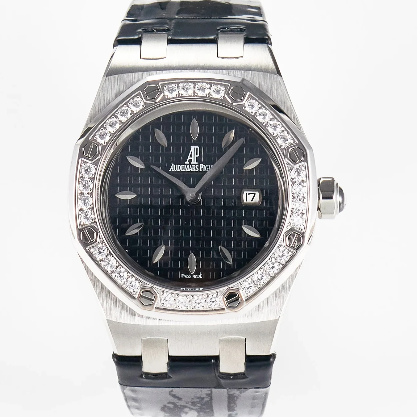 Royal Oak Offshore Ladies 33mm SS DRF Best Edition Black Dial Diamonds Bezel on Black Leather Strap ETA Quartz