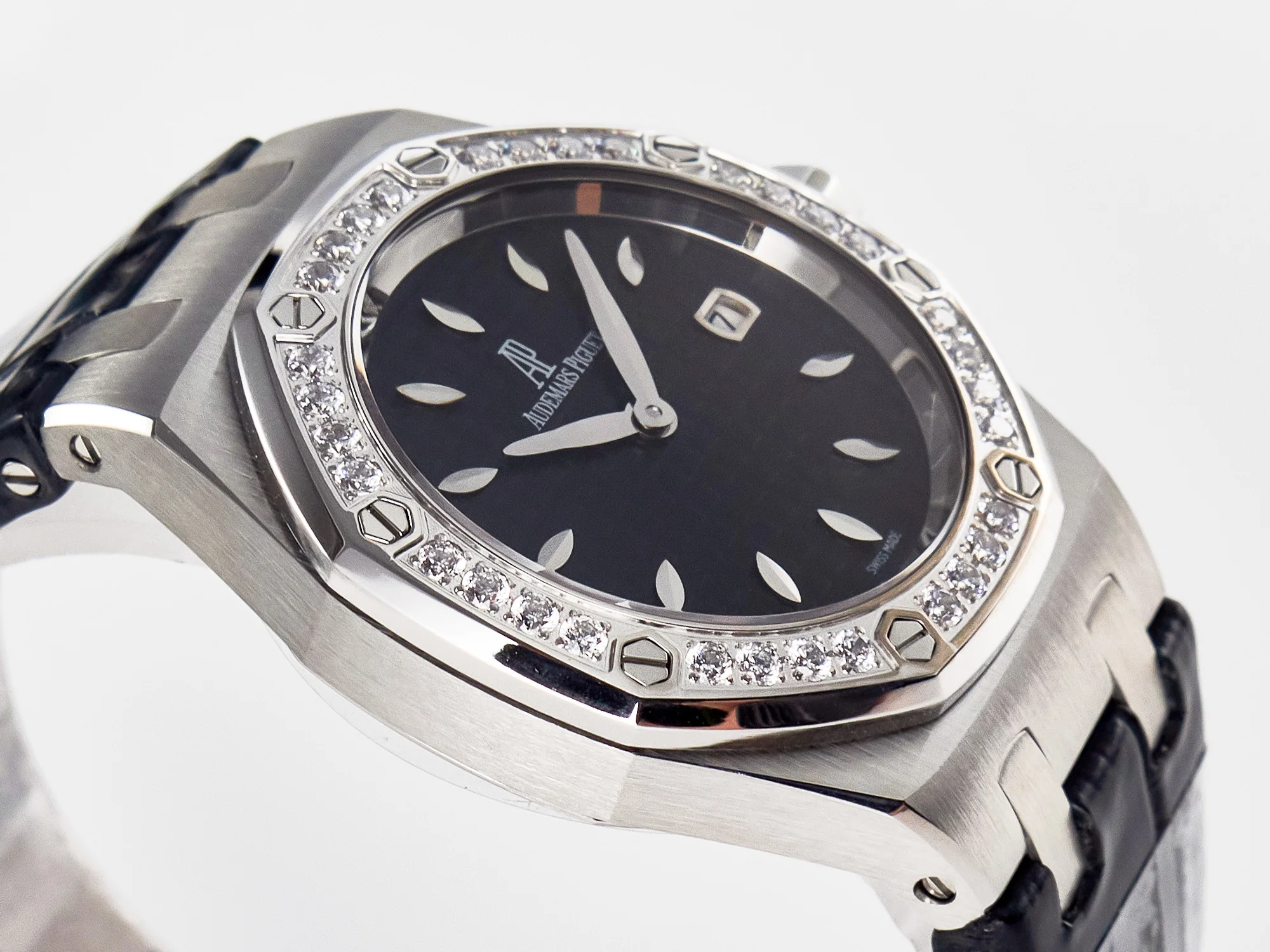 Royal Oak Offshore Ladies 33mm SS DRF Best Edition Black Dial Diamonds Bezel on Black Leather Strap ETA Quartz