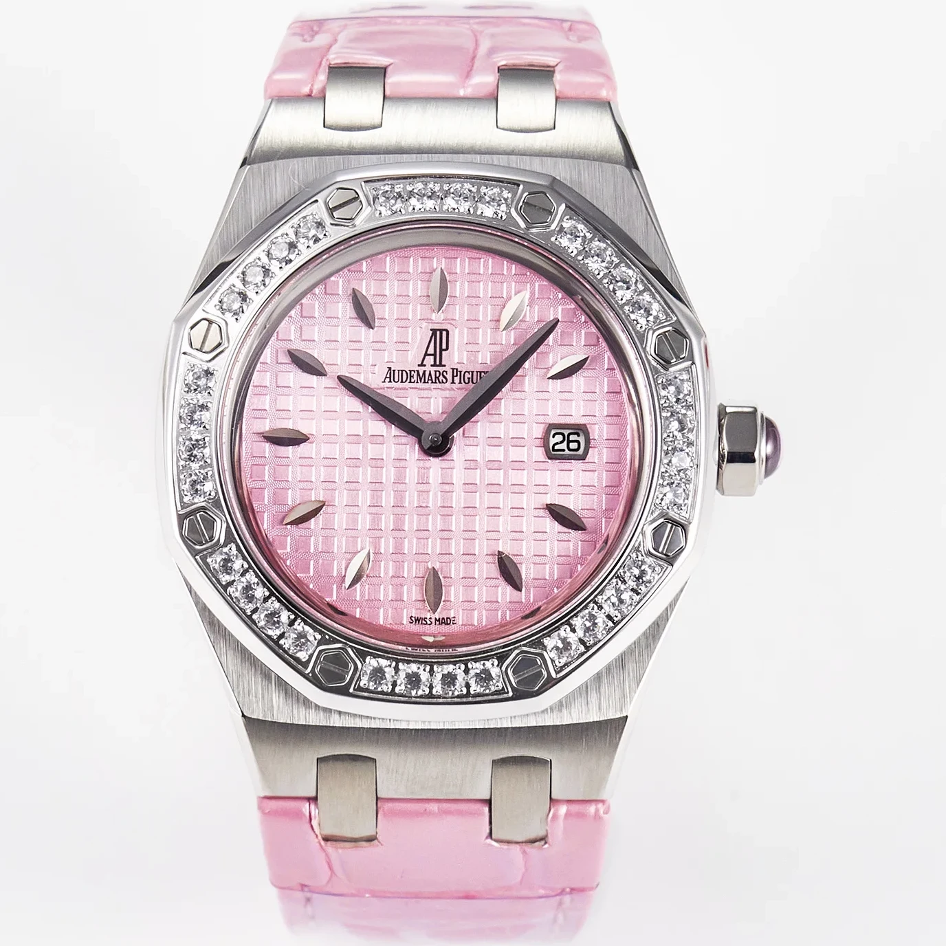 Royal Oak Offshore Ladies 33mm SS DRF Best Edition Pink Dial Diamonds Bezel on Pink Leather Strap ETA Quartz