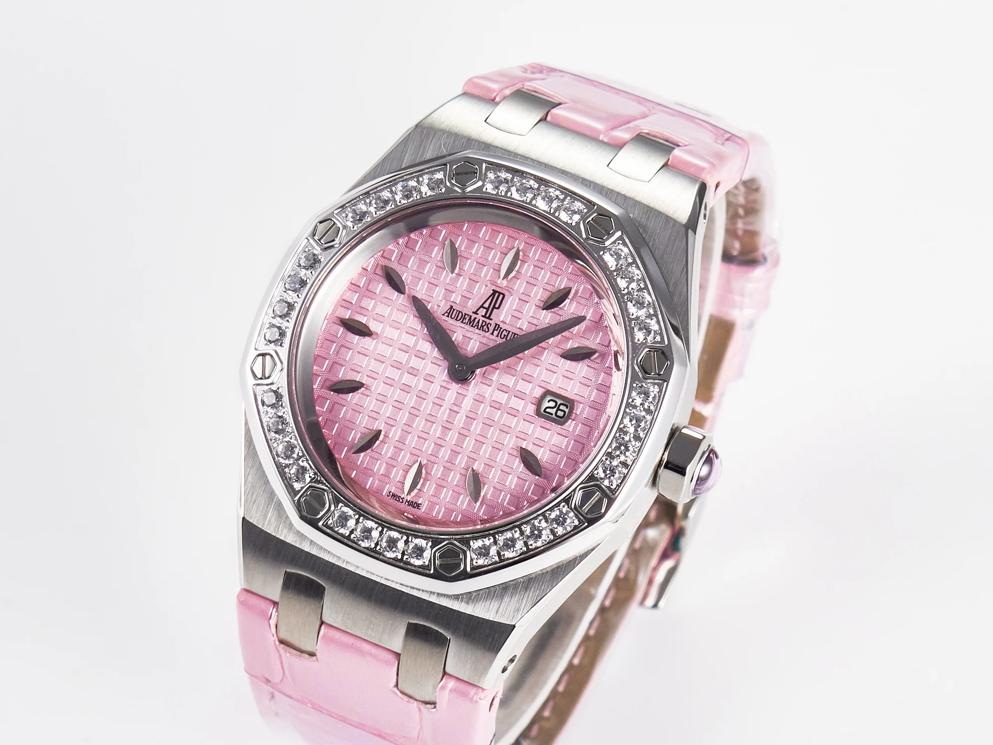 Royal Oak Offshore Ladies 33mm SS DRF Best Edition Pink Dial Diamonds Bezel on Pink Leather Strap ETA Quartz