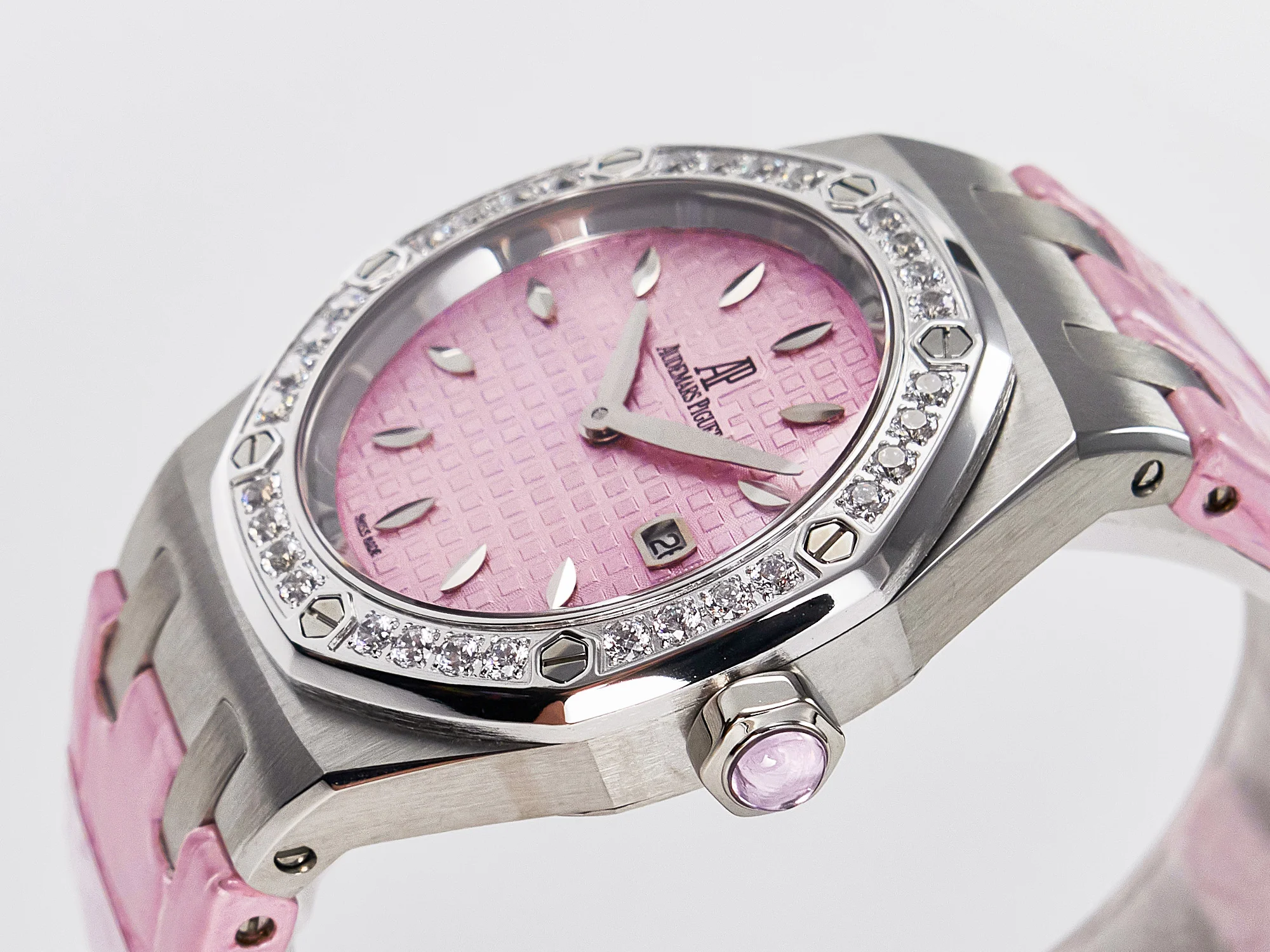 Royal Oak Offshore Ladies 33mm SS DRF Best Edition Pink Dial Diamonds Bezel on Pink Leather Strap ETA Quartz