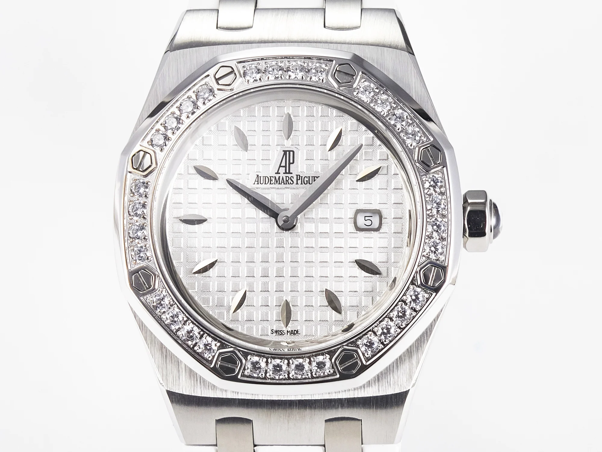 Royal Oak Offshore Ladies 33mm SS DRF Best Edition White Dial Diamonds Bezel on White Rubber Strap ETA Quartz